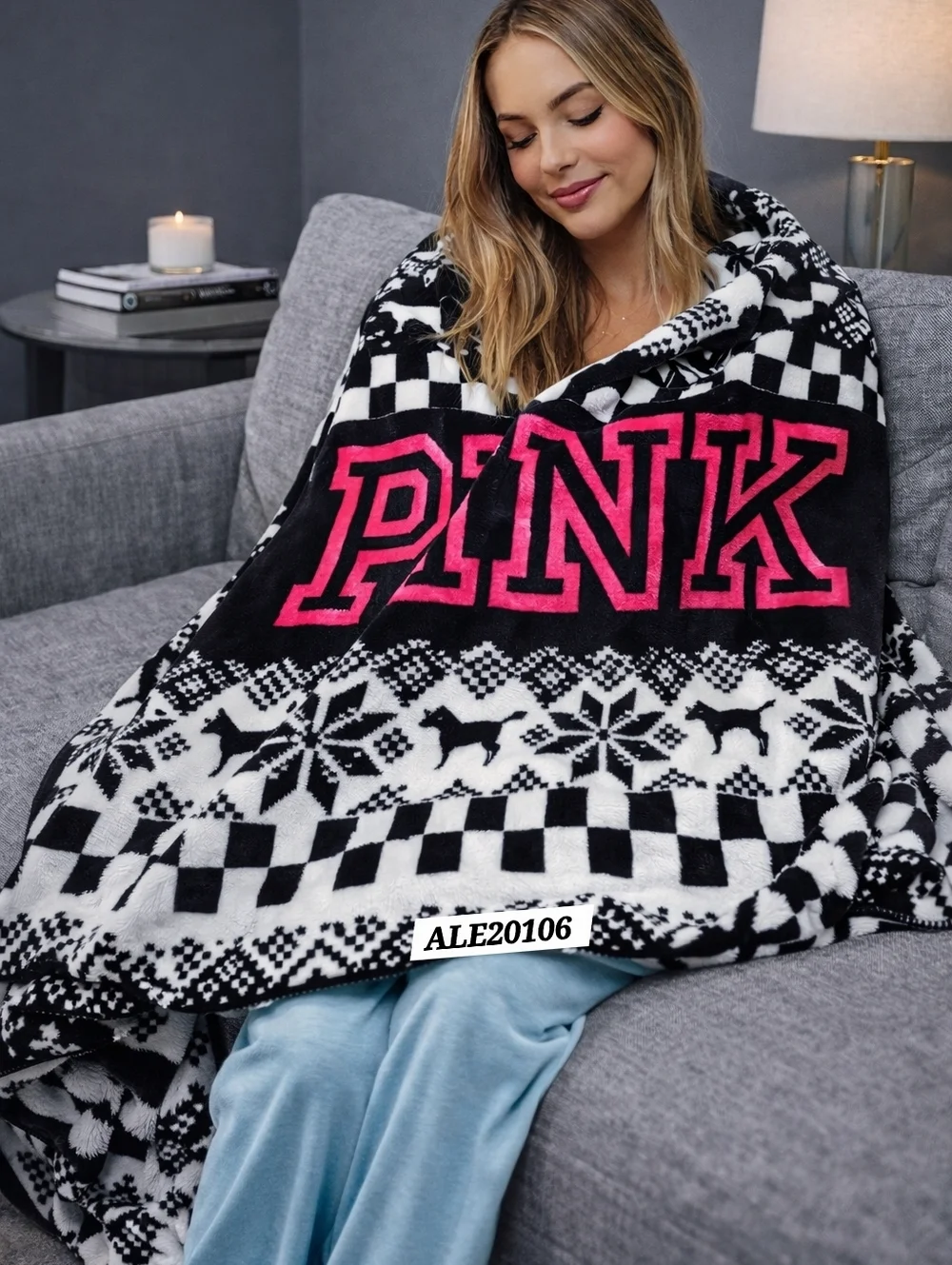 Victoria’s Secret PINK Blanket 50x60 Soft Cozy Throw Black White Pink Logo